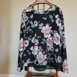 Bobeau floral back flutter pullover sweater